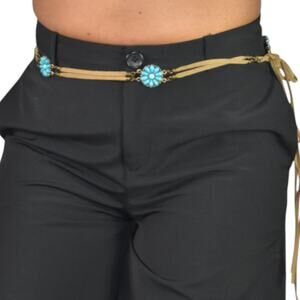 Vintage Turquoise Leather Chain Belt Western Cowgirl Medallion Concho One Size